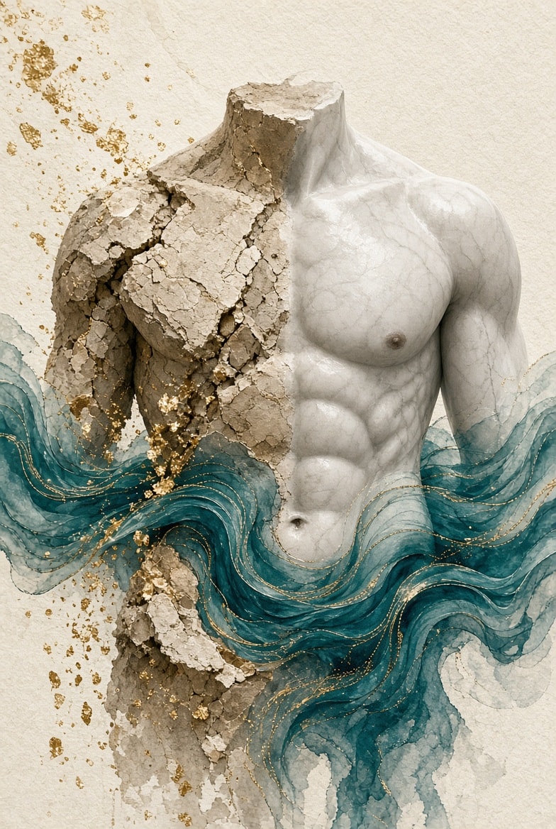 Classical marble torso emerging from cracked earth with teal watercolour waves and gold accents — representing the SonuSculpt transformation