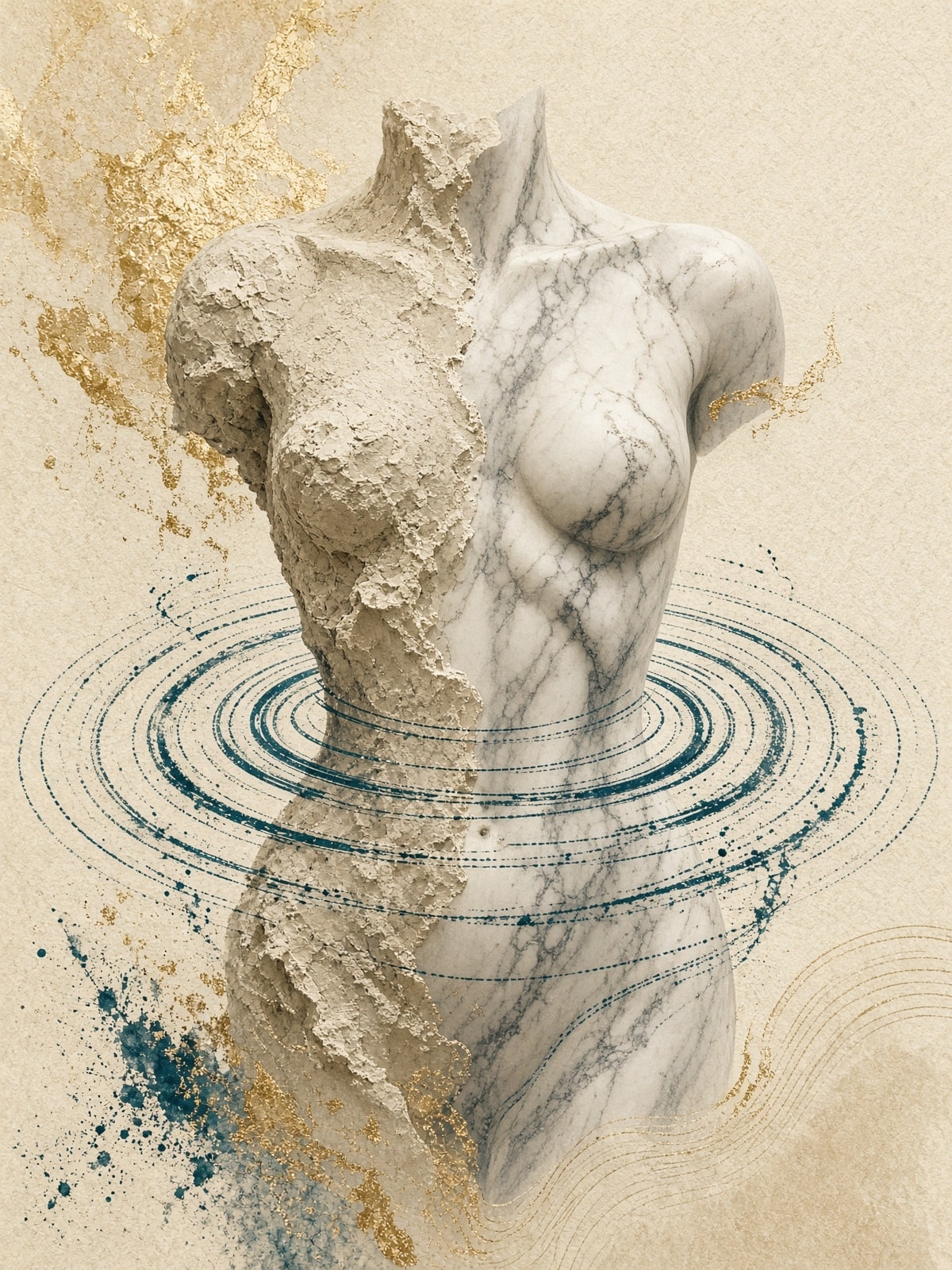 Female marble torso with teal concentric rings — representing the lymphatic drainage phase